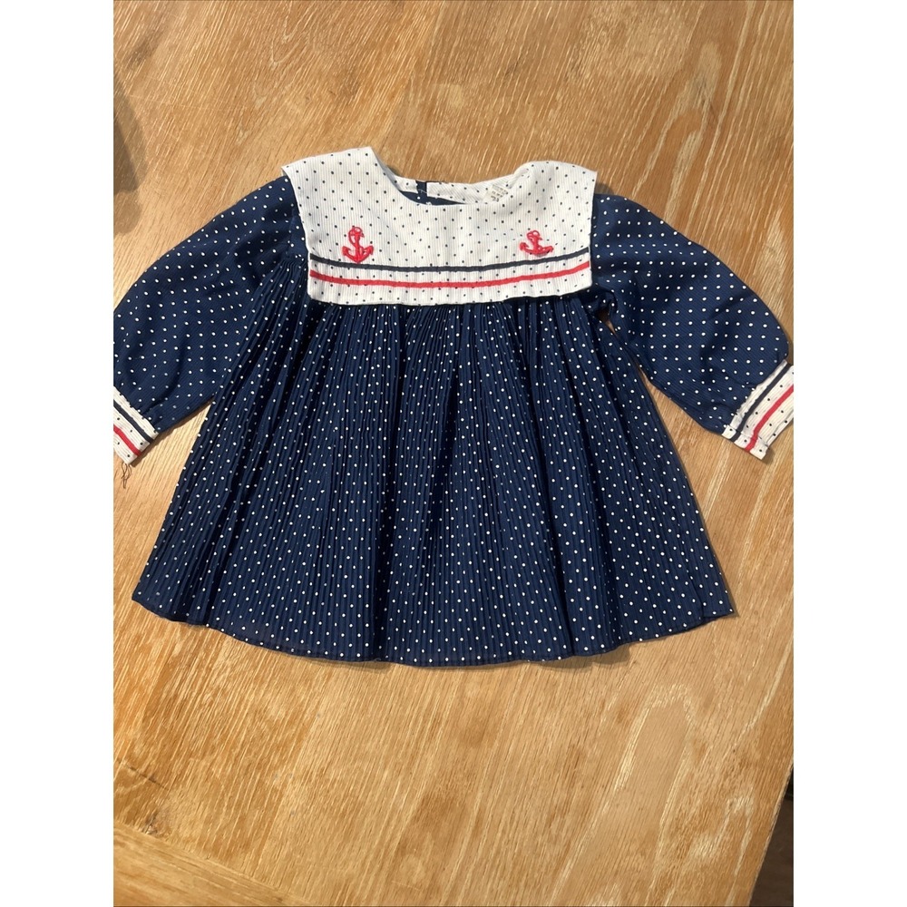 Vintage Bryan Girls Sailor Dress Blue Polka Dot Anchor Bib Collar 12 Mos 6503/1